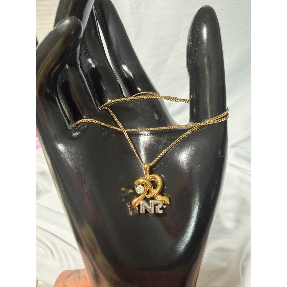Nina Ricci Necklace Womens OS Gold NR Logo Rhinestone‎ Ribbon Pendant Vintage
